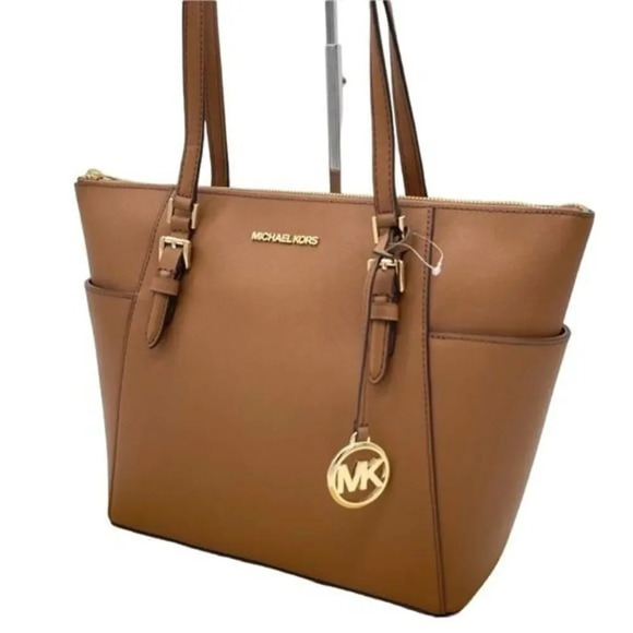 Michael Kors Large Charlotte Tote Bag Luggage Leather Rich Brown
